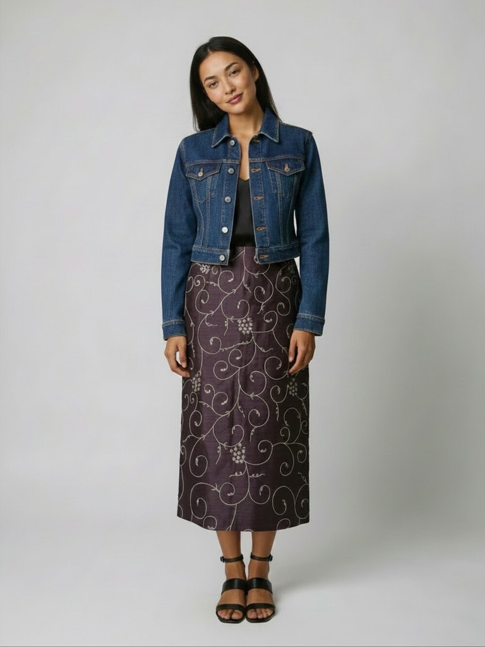 Embroidered Silk Plum Floral Skirt